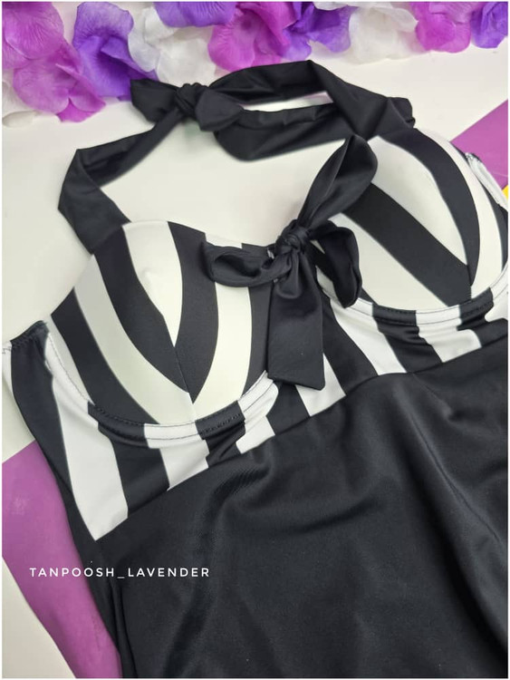 نمای نزدیک کاپ فنردار و پاپیون جلوی مایو زنانه – برند فیتن