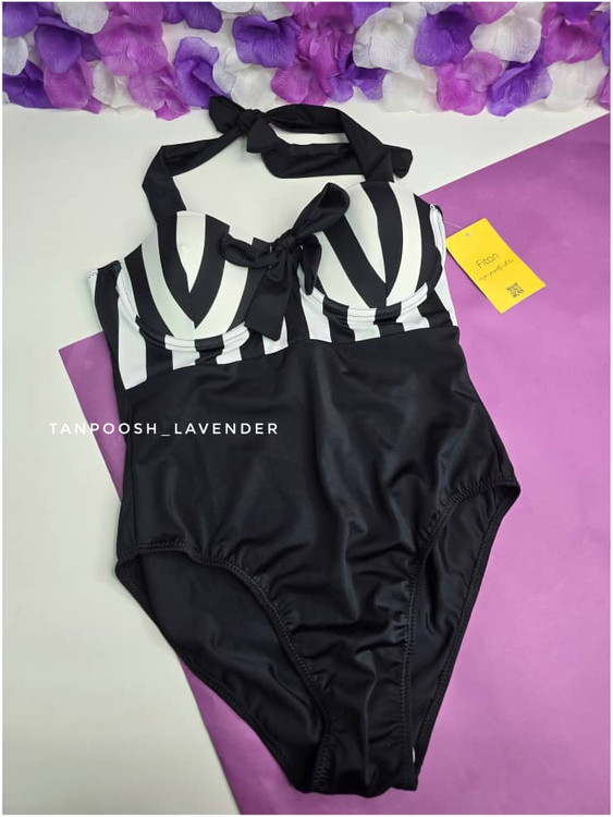 مایو زنانه یکسره مشکی و سفید با طرح راهراه و بند پشت گردنی – برند فیتن