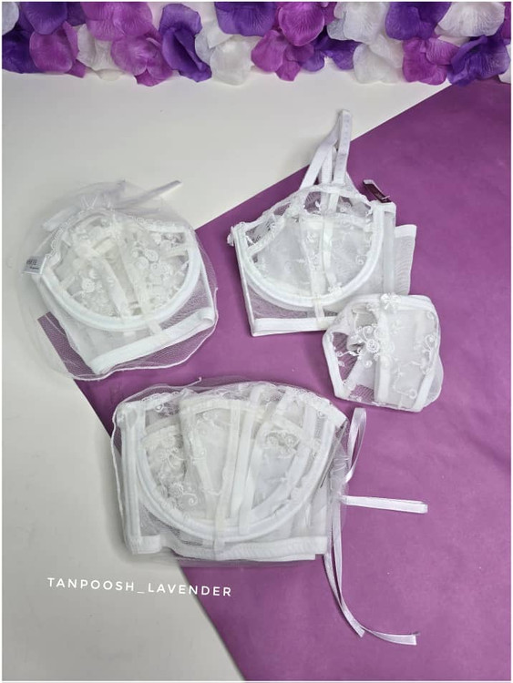 ست سوتین فنردار پایه بلند و شورت زنانه سفید از برند White Lady، با تور اروپایی و بستهبندی محافظ