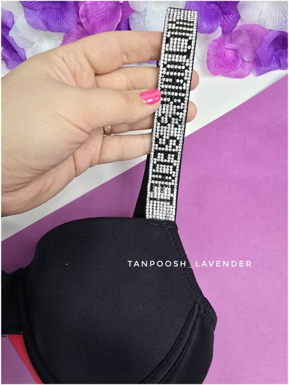 ست شورت و سوتین زنانه مشکی اسفنجی فنردار با بند نگینی درخشان برند EMA، طراحی الهامگرفته از ویکتوریا سکرت