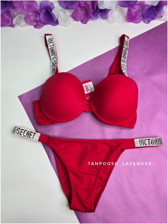 ست شورت و سوتین زنانه برند EMA در رنگ قرمز و مشکی، اسفنجی فنردار با بند نگینی و کیفیت بالا