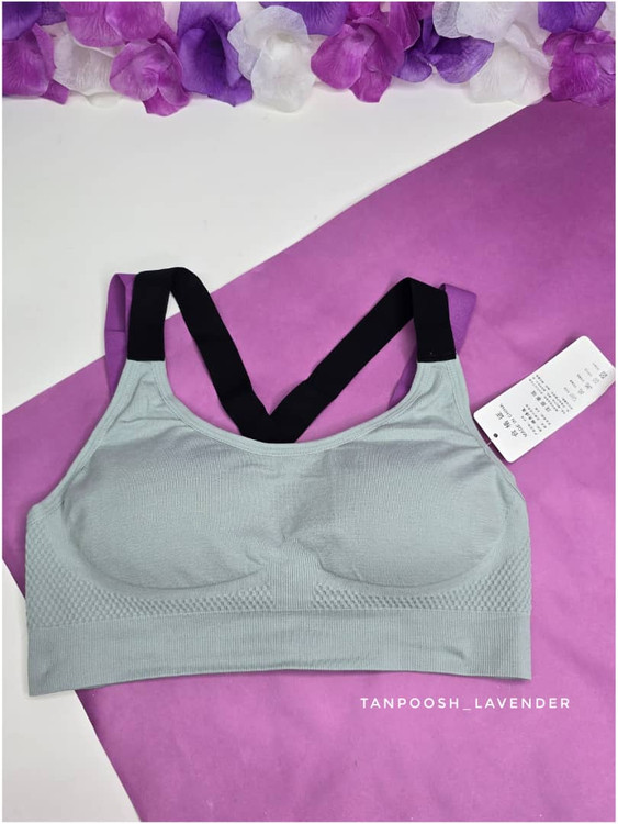 نیمتنه ورزشی زنانه نخی کشسان پشت ضربدری رنگ طوسی روشن با پد متحرک