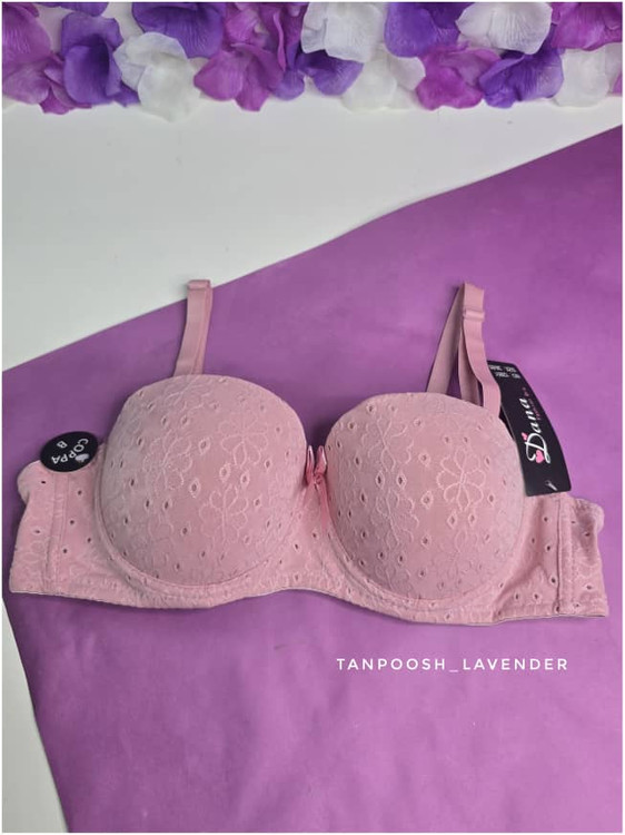 سوتین اسفنجی دکلته صورتی با طرح گلدوزی برجسته