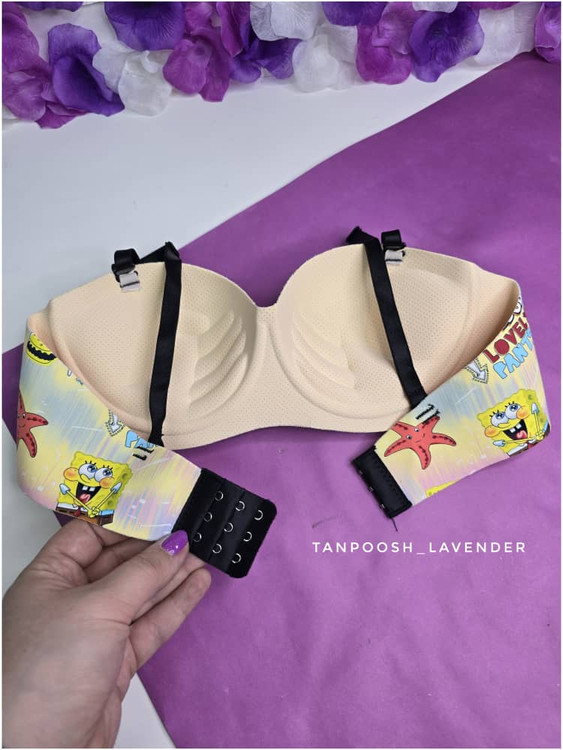 سوتین اسفنجی دکلته باب اسفنجی با بند مشکی و طرح کارتونی رنگی