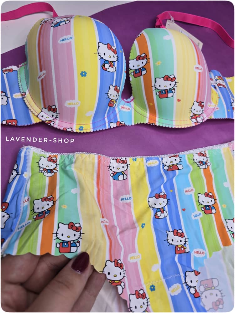 ست لباس زیر زنانه لیزری طرح Hello Kitty با فنر و بند متحرک