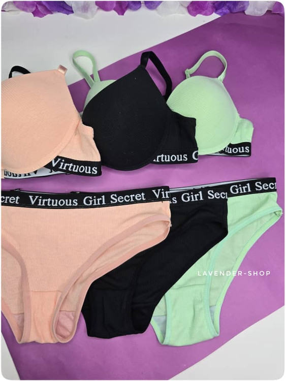 عکس تبلیغاتی ست سهرنگ کبریتی زنانه (سبز، گلبهی و مشکی) با طراحی فنردار و بدون جک – Lavender Shop