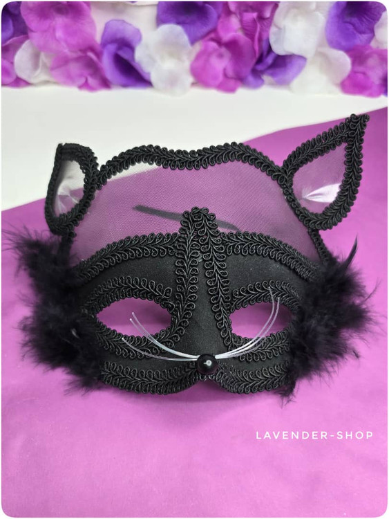 ماسک سکسی بالماسکه مشکی گربهای زنانه با پر و تور فانتزی