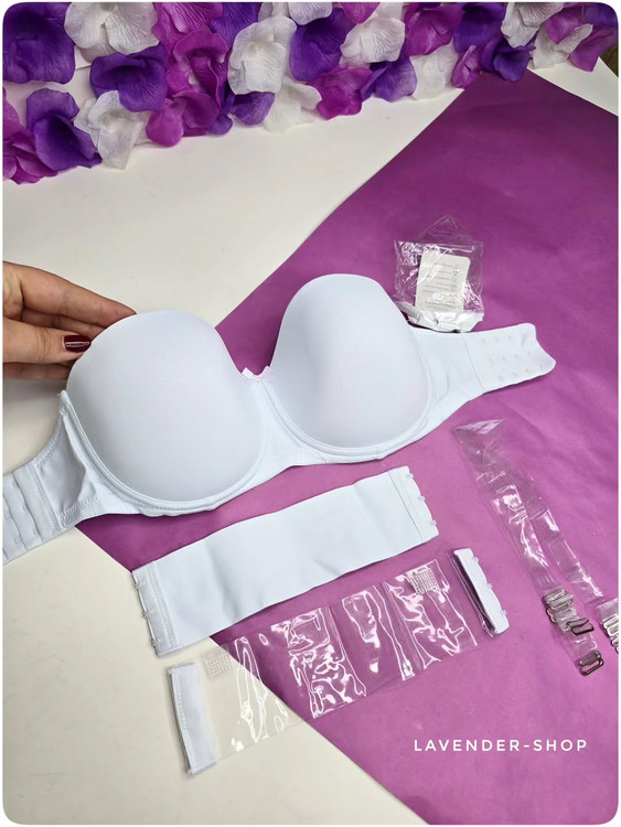 نمای کامل سوتین دکلته سفید با دو بند قابلتعویض شیشهای و سفید