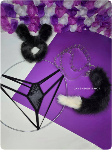 ست فانتزی Bunny Black شامل تل گوش خرگوشی خزدار، دم متصل و شورت لامبادا