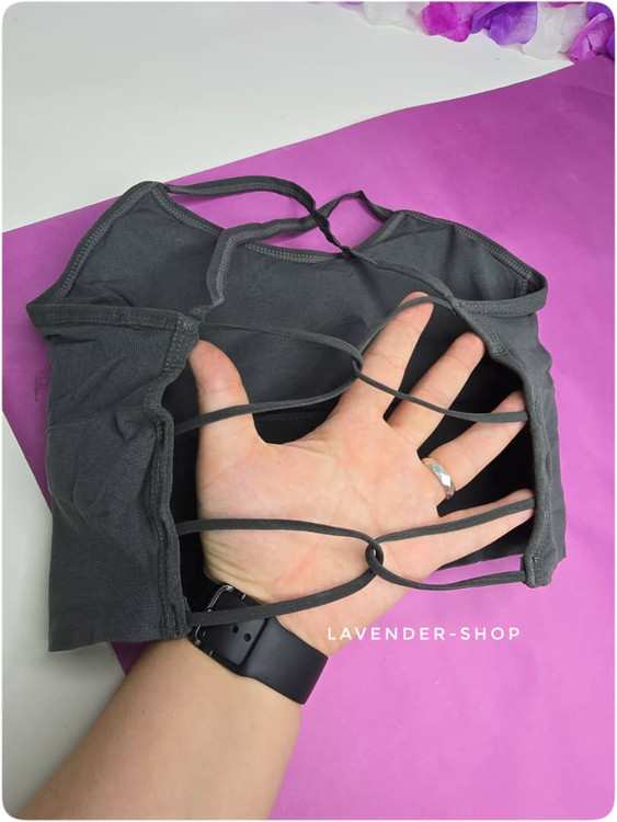 پشت نیمتنه کبریتی فانتزی طوسی با طراحی بندبند و حلقهای – مدل پشت باز با پد متحرک