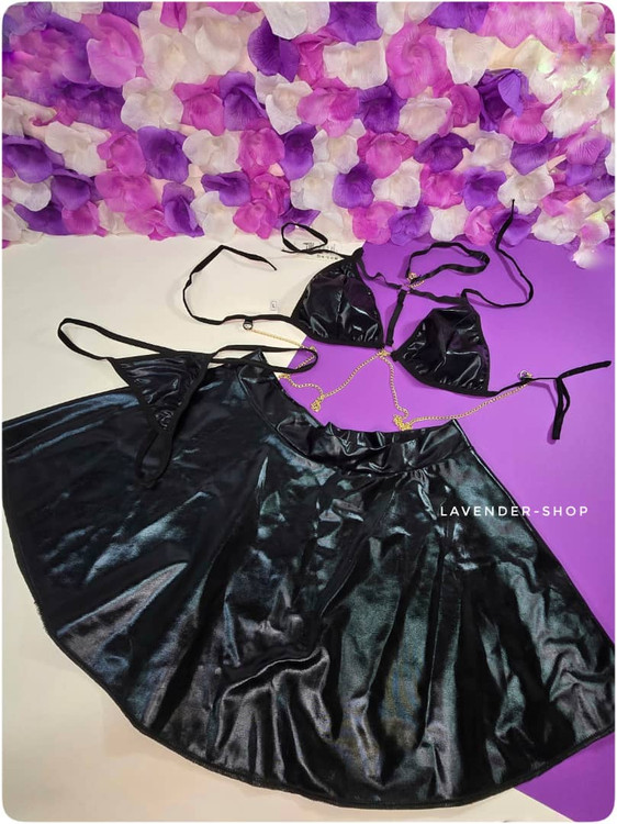 ست سهتیکه کاستوم سکسی چرم و لاتکس آناهل شامل سوتین، شورت و دامن