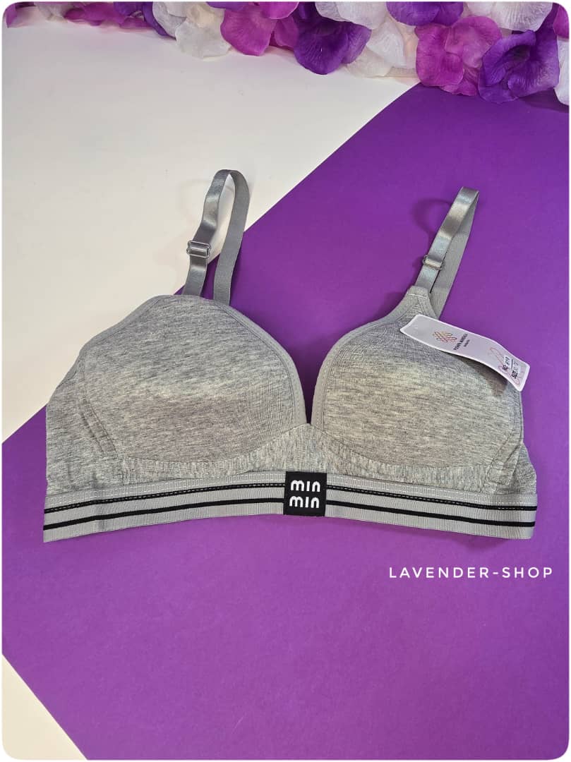 سوتین اسفنجی بدون فنر تمام‌نخ  رنگ طوسی روی زمینه بنفش