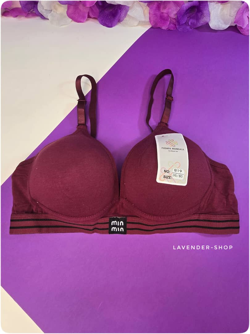 سوتین اسفنجی بدون فنر تمام‌نخ  رنگ طوسی و سفید روی زمینه بنفش