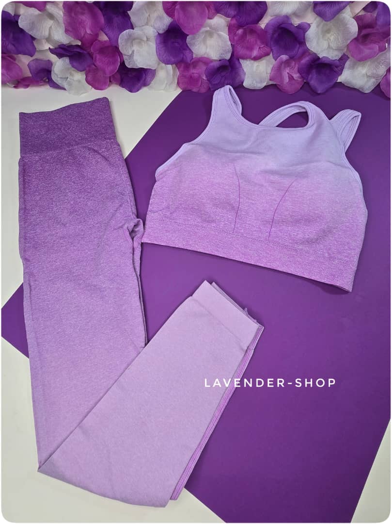 ست ورزشی 4 قسطه دو تکه زنانه در رنگ بنفش گرادیانی شامل نیم‌تنه و لگ فیتنس – Lavender Shop
