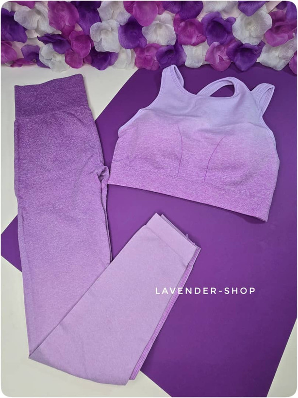 ست ورزشی 4 قسطه دو تکه زنانه در رنگ بنفش گرادیانی شامل نیمتنه و لگ فیتنس – Lavender Shop