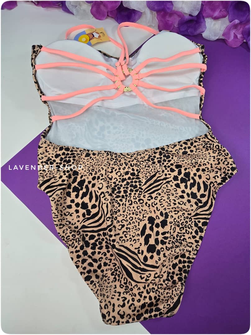 مایو زنانه طرح پلنگی فیتن با بندهای نئونی، نمای کامل و بازشده برای نمایش آستر