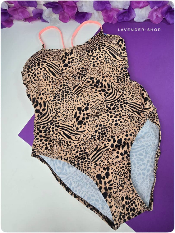 مایو زنانه یکتکه پلنگی برند فیتن با بندهای صورتی و طرح حیوانی، نمای جلو