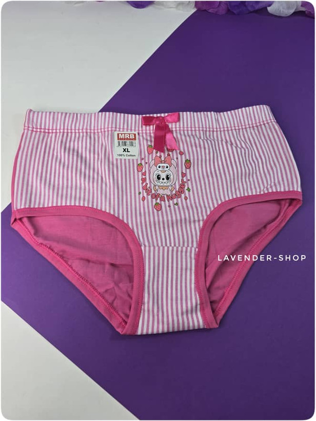 شورت نخی راهراه صورتی با طرح لبوبو و استیکرهای توتفرنگی