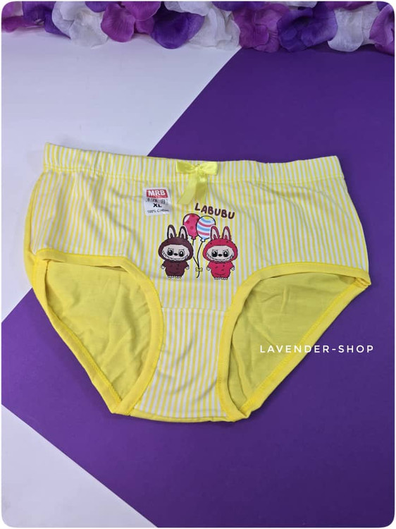 شورت نخی راهراه زرد با طرح فانتزی لبوبو و شخصیتهای دوستداشتنی.