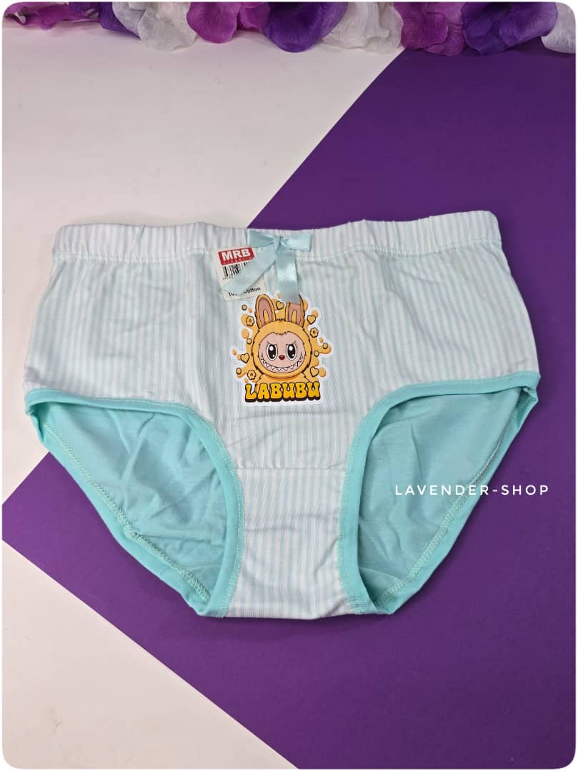 شورت نخی راه‌راه آبی روشن با طرح لبوبوی بامزه و چاپ فانتزی