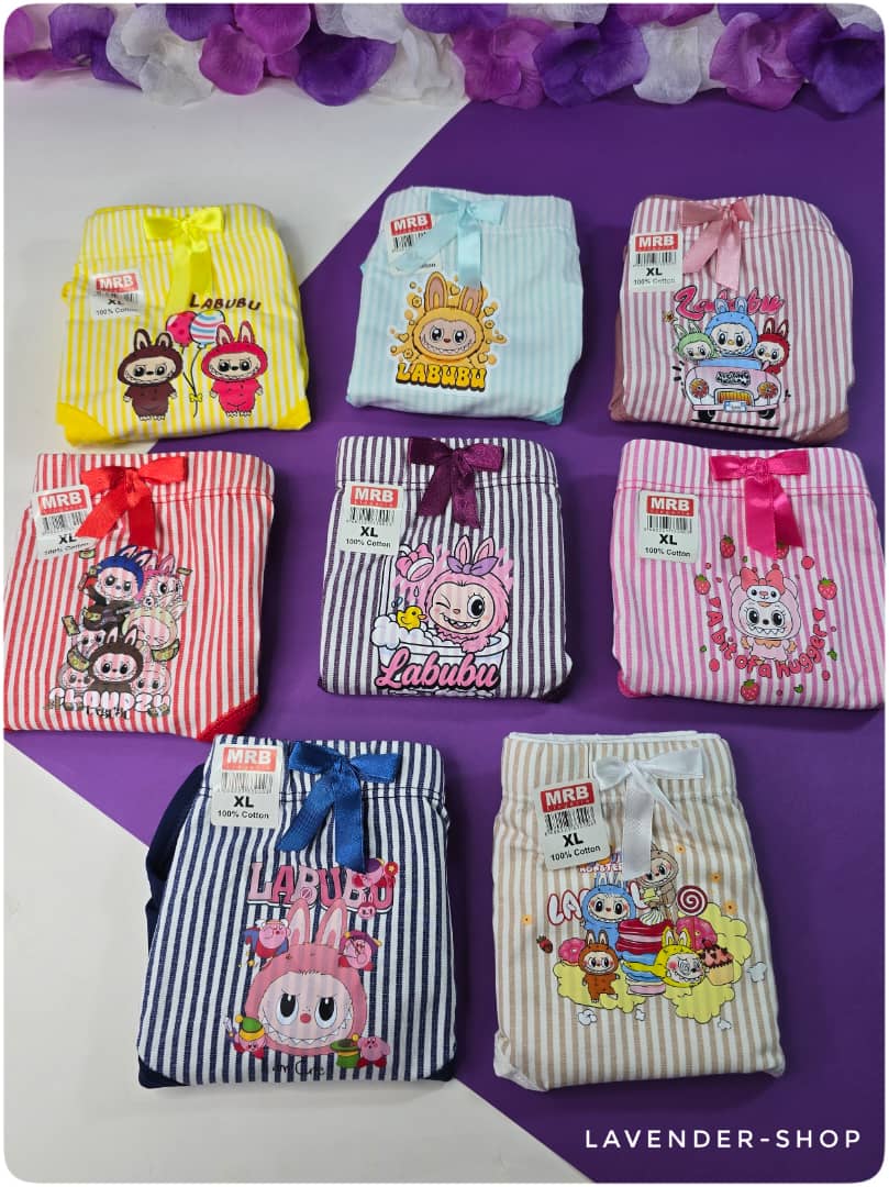 شورت نخی زنانه طرح لبوبو سایز XL با جنس ۱۰۰٪ پنبه و رنگ‌بندی فانتزی