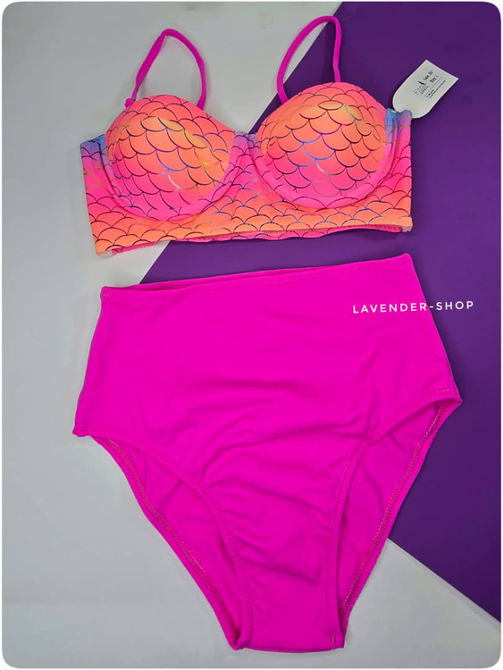 مایو دو تکه زنانه طرح پری دریایی صورتی