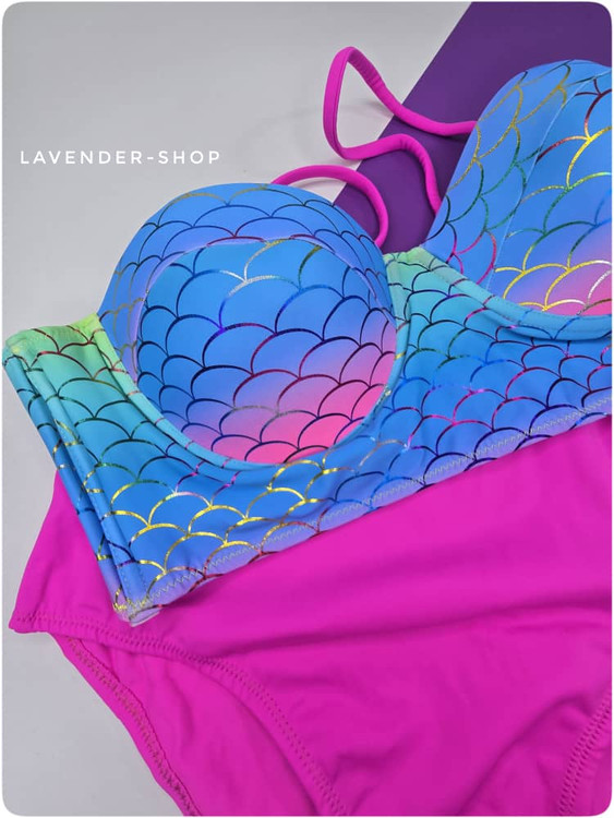 مایو دو تکه زنانه طرح پری دریایی آبی صورتی