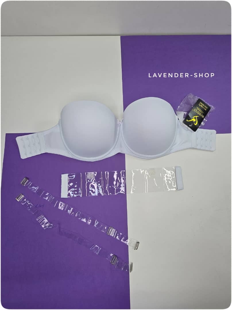 نمای کامل سوتین دکلته سفید با دو بند قابلتعویض شیشهای و سفید