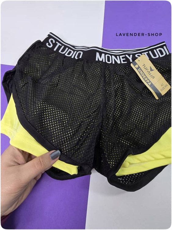 شورتک ورزشی زنانه کشالهدار دو لایه رنگ لیمویی