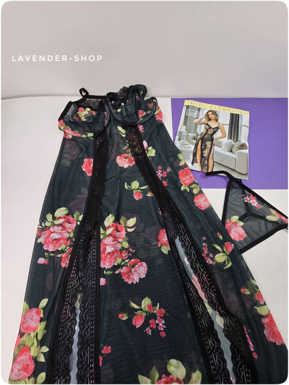 لباس خواب زنانه فنردار با دوخت تمیز مشکی و گل سرخ