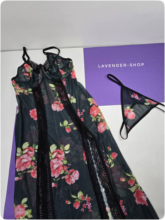 لباس خواب بلند زنانه تور فنردار مشکی با گل سرخ و شورت