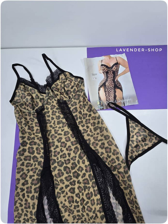 لباس خواب بلند زنانه تور فنردار طرح پلنگی با شورت