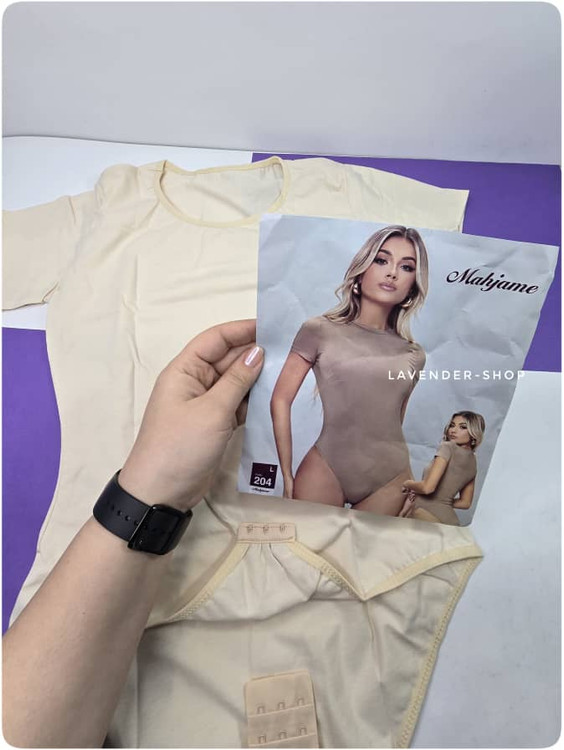 بادی نخی آستین کوتاه یقه گرد زنانه رنگ کرم