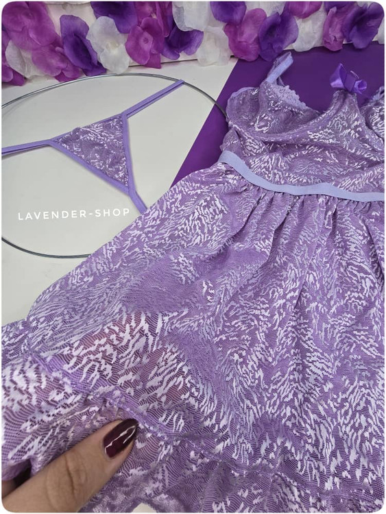 لباس خواب عروسکی توری سکسی رنگ یاسی همراه شورت لامبادا (بک لس)