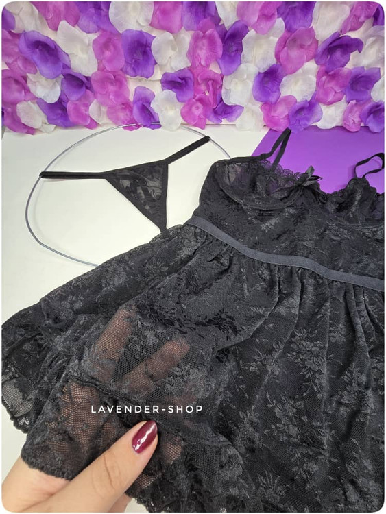 لباس خواب کوتاه زنانه توری نیمه شفاف مشکی همراه شورت بک لس (لامبادا)