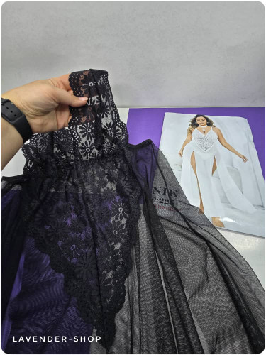 لباس خواب تور و گیپور مشکی فری سایز مدل بلند بدننما