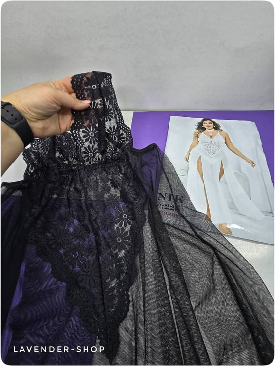 لباس خواب تور و گیپور مشکی فری سایز مدل بلند بدننما