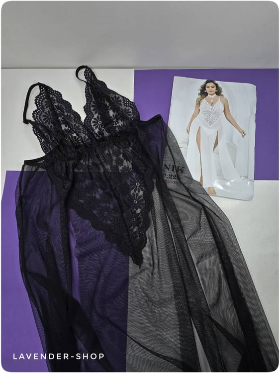 لباس خواب توری سایز بزرگ سکسی مشکی با طراحی ظریف و آزاد