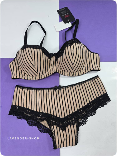 ست سوتین و شورت زنانه هونکس نخ پنبه ترک راهراه کرم مشکی