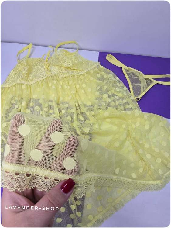 لباس خواب توری زرد سایز بزرگ نمای نزدیک پارچه