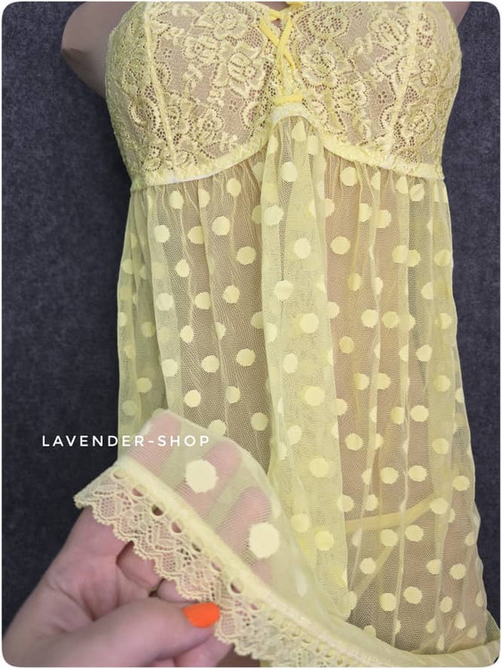 ست لباس خواب زنانه تور زرد خالدار سایز بزرگ