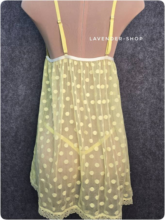 ست لباس خواب توری زرد همراه شورت بک لس