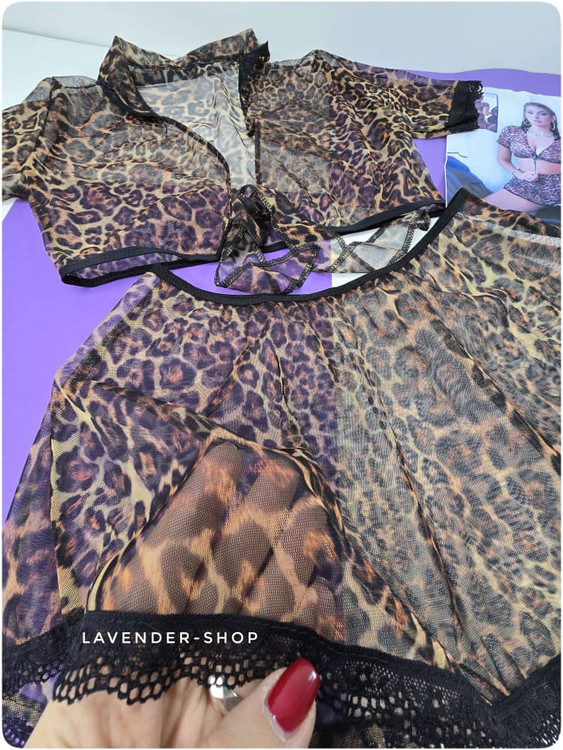 ست لباس خواب دو تکه تمام تور پلنگی برند اناهل