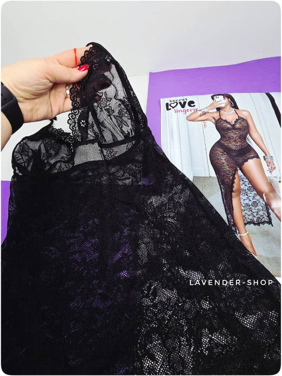 پیراهن خواب زنانه تمام تور مشکی پشتگردنی گرهای