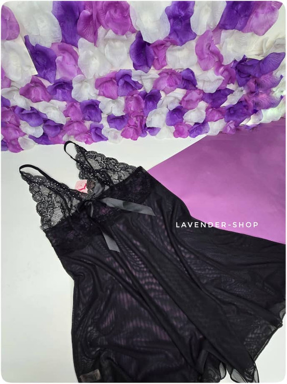 لباس خواب زنانه تمام تور مشکی همراه شورت ست