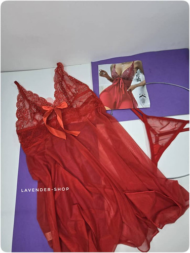 لباس خواب تور قرمز زنانه پاپیوندار