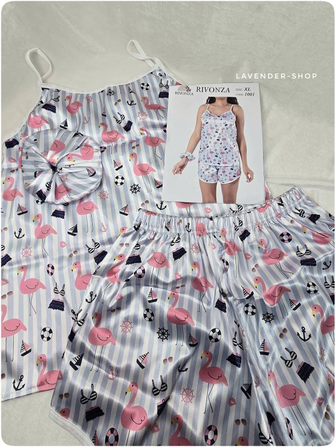 ست لباس خواب ساتن ، تاپ و شلوارک دخترونه و شاد