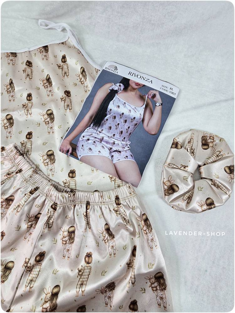 تاپ و شلوارک زنانه ساتن طرح عروسکی